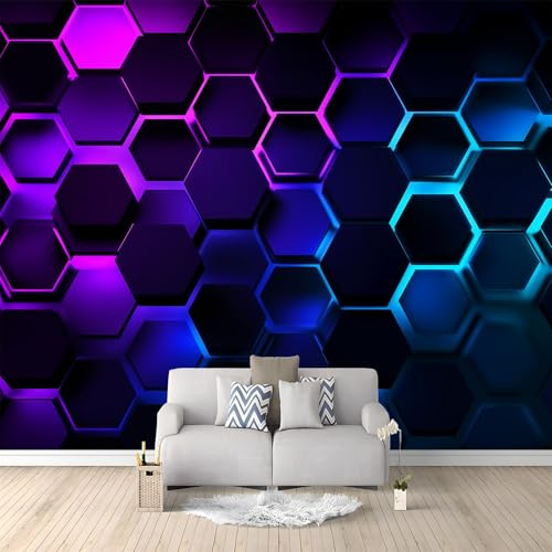 Wallpaper Blue-Purple Non-Woven Wall Mural Deco - Abstract Neon Geometric Hexagons Photo Wall Paper for Living Room Kitchen Bedroom, 200 x 140 cm (W x H) 3D Panoramic Home Decoration