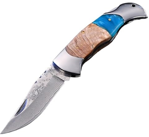 Proxiceen Klappmesser D2 Stahl – Damast Oberfläche, Faltbares Taschenmesser mit Holzgriff, Outdoor Camping Messer mit Geschenkbox, Jagdmesser für Männer, EDC Messer 21.5 cm (A3)
