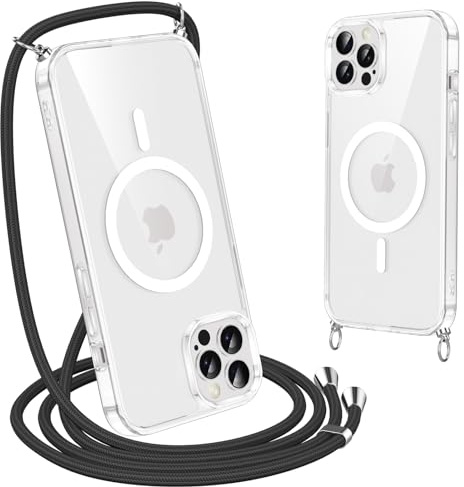 Olgary Magnetisch Handyband Hülle mit Band für iPhone 11 Pro Max, [Kompatibel mit Magsafe] Necklace Handyhülle Schutzhülle zum Umhängen Kordel, Transparent Stoßfest Kratzfest Case, Schwarz