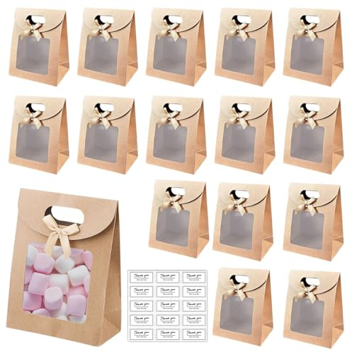 XIAOGUA 15 Pièces Sac Papier Kraft Sac Cadeau avec Poignée Sacs Cadeaux Transparents avec Fenêtre Autocollant Réutiliser pour Emballer Cadeaux de Banquet Biscuits Bonbons 16x6x12cm(brun)