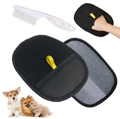 BeoTnp Pet Hair Removal Glove, pet hair remover Tool, Two Gloves and Comb Set, Gentle Fur Removal for Dogs and Cats, Clothes, Sofas, Carpets - Gentle Washable Magic Brush Mitt