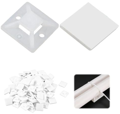 100 Piezas Soportes Adhesivos para Bridas de Cables 20 x 20 mm, Bases Autoadhesivas con Pegamento 3M, Almohadillas Blancas para Gestión de Cables en Casa Oficina Garaje