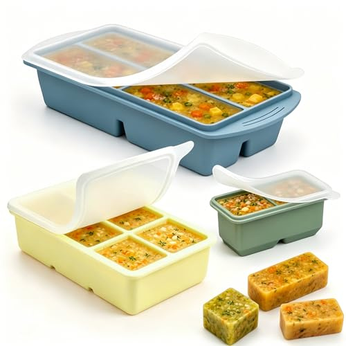 Rusokufo Juego de 3 recipientes de Silicona para congelador con Tapa, recipientes porciones de 250ml y 125ml para Sopa, Caldo, pequeñas porciones de puré casero, Salsa, preparación de Comidas