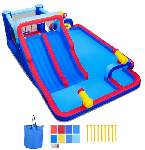 GIANTEX 2 i 1 uppblåsbar utomhus slott, uppblåsbar lekplats med dubbel vattenrutschkana, klättervägg, pool, kanoner och basketkorg, för barn 3–12 år, 646 x 418 x 211 cm