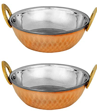 Zap Impex Karahi Servierschalen – 2-teilig – Kupfer gehämmert & Edelstahl innen – 17 cm (550 ml) – Indisches Serviergeschirr für Curry, Biryani & Beilagen