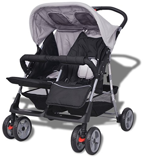 Festnight Klappbar Baby Zwillingswagen Zwillingskinderwagen Kinderwagen aus Stahl + Oxfordgewebe geeignet für 1-2 Kinder bis zu je 15kg- Grau und Schwarz