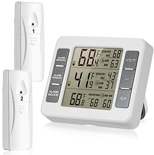 Suplong Suplong Kühlschrank-Gefrierschrank-Thermometer, digitaler Innentemperatursensor, Kühlschrank-Thermometer, wasserdicht, mit 2 kabellosen Sensoren, leicht ablesbares LCD-Display, Weiß-3