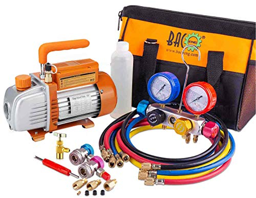 BACOENG Pompa Vuoto per Condizionatori con Kit Manometri Condizionatori 4 vie per Mini Split/HVAC/Auto AC, Kit Ricarica Aria Condizionata per R134A R410A R407C Refrigeranti