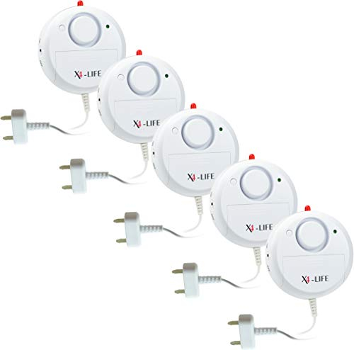 X4-LIFE Wassermelder Alarm Wasseralarm 5X Set - 120dB laut, zum Ankleben, Batteriebetrieben, Kontakt per externem Sensor - z.B. für Keller