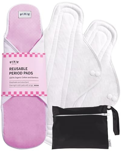 Pixie Cotton Cloth Pads for Feminine Care - 100% Organic Reusable Pads - Ranked 1 for Softest Menstrual Sanitary Napkins - Machine Washable & Includes Free Wet Bag - Menstrual Liner (Overnight)