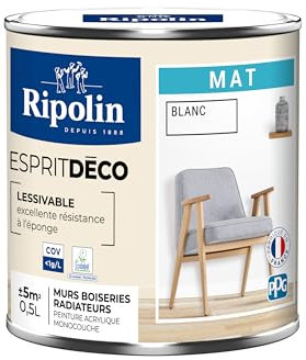 RIPOLIN - Peinture Intérieure Multi-Supports – Murs, Boiseries & Radiateurs – Ultra Couvrante – Lessivable – Application Facile – Ecolabel - Aspect Mat - 0,5L - Blanc