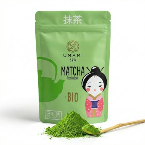 Umami Poudre de Thé Vert Matcha BIO - Grade Premium 1ère Récolte - Cultivé à Uji Kyoto, Japon - Superfood Énergisant, Idéal à Boire - 50g