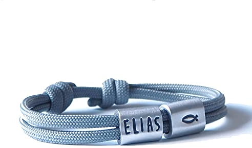 Surfer Armband mit Fisch Symbol und persönlicher Namensgravur Konfirmation Kommunion Taufe Mädchen Jungs