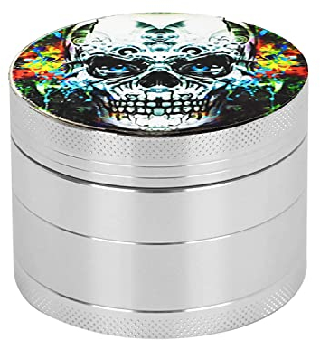 Spespo Herb Grinder, Spice Grinder 50mm(2.0 inch),4 Layers Skull Painting Metal Grinder with Pollen Scraper (Silver Color)
