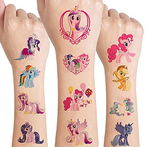 Lot de 8 feuilles de tatouages temporaires Little Pony pour enfants, 200 autocollants imperméables et doux pour la peau
