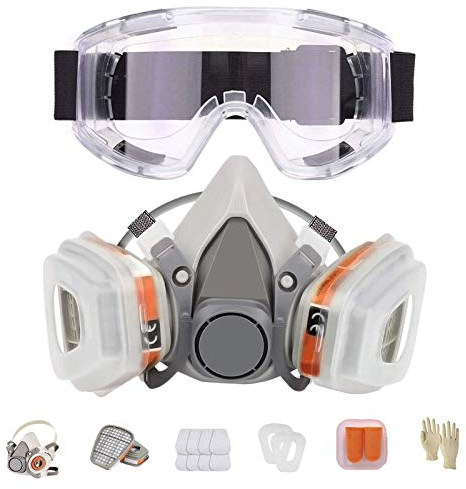 LAMANICE Atemschutzmaske für Halbgesicht, Chemikalien-Atemschutzmaske mit 8 Filter-Baumwolle, Brillen, Ohrstöpsel, Handschuhen zum Malen, Gas, Staub, Maschinenpolieren, Epoxidharz