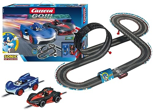 Carrera 20062566UK GO!!! Sonic The Hedgehog Slot Car - Pista da corsa per bambini dai 6 anni e adulti, pista da corsa da 4,9 m con loop e sonic e ombra, 2 comandi manuali con pulsante turbo