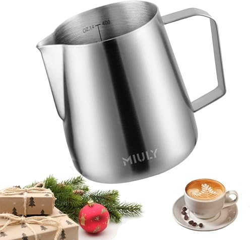 Miuly Milk Frothing Jug Small, 14oz/420ml Milk Frother Cup 304 Stainless Steel Steaming Pitcher With Internal Scale, Espresso Accessories, Frother Pitcher For Espresso Machine Cappuccino Latte Art