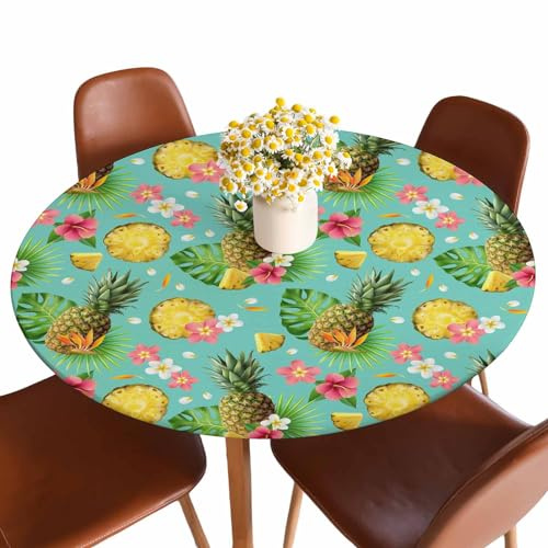 Guxxuil Realistic Pineapple Round Fitted Tablecloth Fresh Fruit Plant Tropical Exotic Flowers Elastic Edge Tablecloth Waterproof Oilcloth Table Cover for 40-44