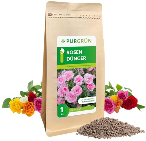 Purgrün® Rosendünger 1 kg – Organisch-mineralische Rezeptur – Feinkörniges Krümelgranulat – NPK 9+4+8 – Extra Magnesium für prächtige Blüten – Verbessert die Bodenqualität – Für gesunde Rosen