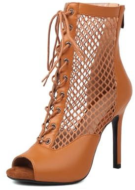 Uonpie Stivali da Ballo Latino Americano Donna con Punta Aperta Scarpe da Ballo Donna Tacco 10 cm,Marrone,38.5EU