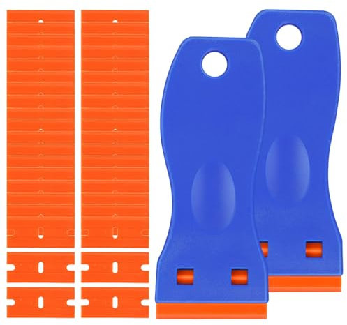 BAVALIN 2 StüCk Mini Kunststoff Schaber mit 40 Kunststoff Klingen - Blau Mini Kunststoff Schaber Ersatzklingen Set für Vinyl Aufkleber Sticker Kleber auf Glas Wänden Autos oder Böden
