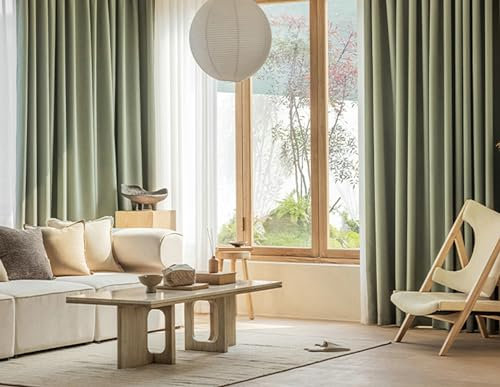 Gualiy Chenille Vorhänge 2er Set Verdunklung, Fenster Vorhang Blickdicht Einfarbig Plissee Struktur Fenstervorhänge Wohnzimmer B 86 x H 138 cm Vorhang Gardine mit Ösen, Grün