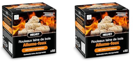Allume Feu en Laine de Bois pour Cheminée et Poele - 32 Pièces - Allumage Simplifié, Brule 10 Minutes, Produit Naturel 100% Ecologique en Cire Végétale FSC (Lot de 2)