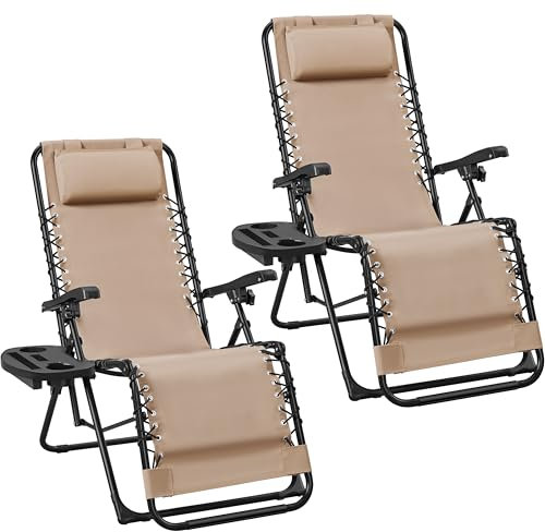 Yaheetech 2er Set Sonnenliege Liegestuhl Klappbar Gartenliege mit Kopfkissen & Becherhalter Tragbare Relaxliege für Strand/Garten/Balkon, Beige