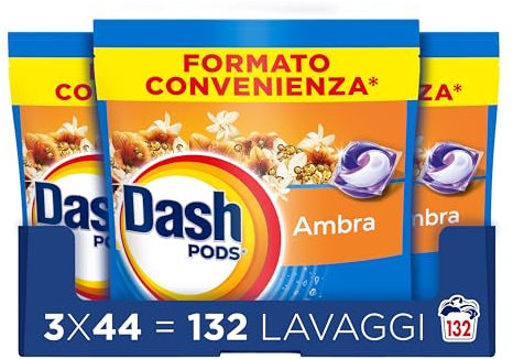 Dash Pods Detersivo Lavatrice In Capsule, 132 Lavaggi (3x44), Ambra, Rimuove le Macchie, Igienizza, Dona Freschezza, Brillantezza Per I Capi
