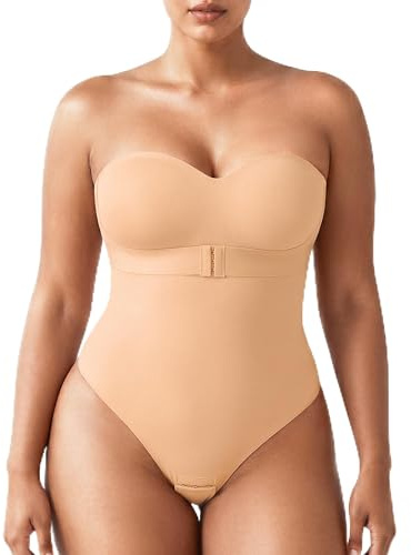 USEASY Shapewear Bodysuit Tummy Control Strapless Bra Shapewear for Women Strapless Faja Body Shaper Thong Light Shapewear Beige S