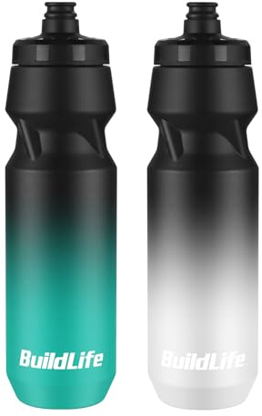 BuildLife 2 Pack Sports Water Bottle, 1L Squeeze Water Bottle, 32oz Biking Water Bottles, BPA Free & Leakproof Cycling Bottles for Hiking, Outdoor Sports Dishwasher Safe (1L-BlackBlue+BlackWhite)