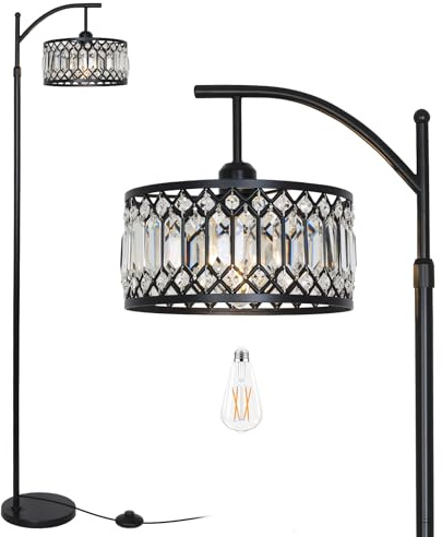 Crystal Floor Lamps for Living Room, Modern Arc Floor Lamp, Black Standing Lamp with Edison Bulb, Height Adjustable Tall Lamp for Bedroom, Corner Stand Up Lamp for Office, Arched Reading Light