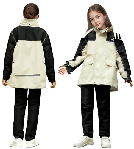 Baogaier Barn regnjacka och regnbyxor set, unisex pojkar flickor lätt ofodrad regndräkt, vattentät regnrock & regnbyxor, kostym med bärväska regnkläder, 8–14 år, Beige, 8-9 år