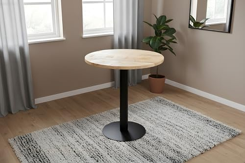 SAM Bistrotisch Emilio | Ø 70 cm Rund | Mangoholz massiv + Rough | gerade Kante | schwarzes Metall-Säulengestell runde Base | geeignet für kleine Esstische und Bistrotische