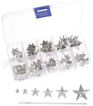TA-VIGOR 120PCS Metal Star Studs Claw Kit with Large Eye Needles, Silver Tone 5-Claw Rivets and Punk Studs for Clothing, Clothes, Bags, Shoes, Jackets, DIY Leather Craft Decoration with Box