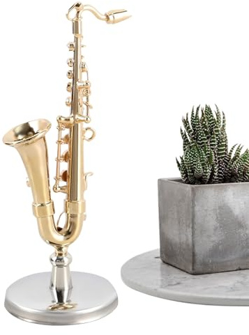 Figurine de saxophone - Décoration miniature dorée - Pièce de collection avec support et étui pour décoration de chambre et maison de - Cadeau pour adultes et - Anniversaire de Noël