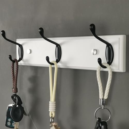 lomejii Wall Mounted Coat Rack 12.2inch(31cm) with 3 Black Hooks, White Wood Coat Hook for Entrance, Hallway, Bedroom, Kids Room, Bathroom,Small Size Clothes Hanger