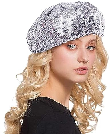 Baskenmütze Damen Pailletten Hut Faschingsmütze Disco Hut Kappe Paillettenmütze mit Glitzer Paillettenbesetzte Barett Trend Maler Mützen Karneval Party Club Festival Outfit