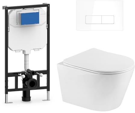 Inodoro Completo Rimless con Cisterna y Tapa UF. WC Suelo con Salida Dual Horizontal y Vertical. Váter de Porcelana Blanca con Doble Descarga 3/6L (Pack Malta Blanco, INODORO+BASTIDOR+PULSADOR)