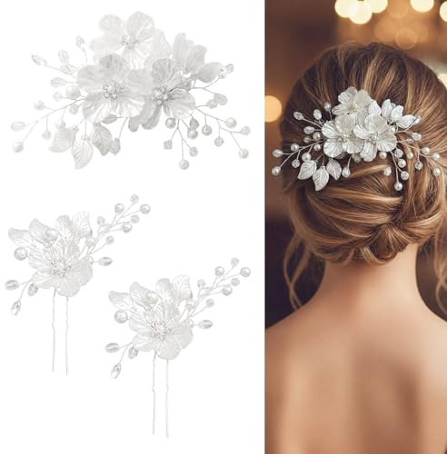 3 Pièces Accessoires Cheveux Mariage pour Femme, Épingles à Cheveux Mariée Fleur et Perle, Bijoux de Tête pour Mariage, Demoiselle d'Honneur, Soirées et Cérémonies (Blanc)