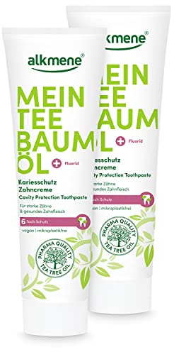 alkmene Mein Teebaumöl Kariesschutz Zahncreme 2x 100 ml mit 6fach Schutz - naturreines Teebaumöl, vegan & klimaneutral - Fluorid Zahnpasta für starke Zähne & gesundes Zahnfleisch - Toothpaste