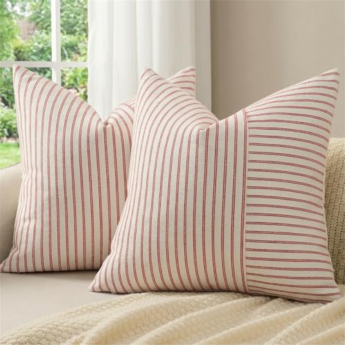 YCOLL 2er Set Kissenbezug 45x45 Baumwolle Leinen Kissenhülle Sofakissen Streifen Dekokissen Boho Deko Kissenhüllen Dekorativ Kissenbezüge für Sofa Wohnzimmer Schlafzimmer Outdoor Kissen 45x45 Red