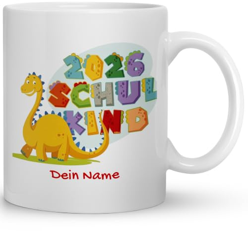 Tasse Einschulung 2026 Jungen Dino personalisiert mit Name – Schulkind Tasse Ich bin ein Schulkind – Geschenk zur Einschulung 1. Klasse – Kinderbecher Keramik 330 ml beidseitig bedruckt