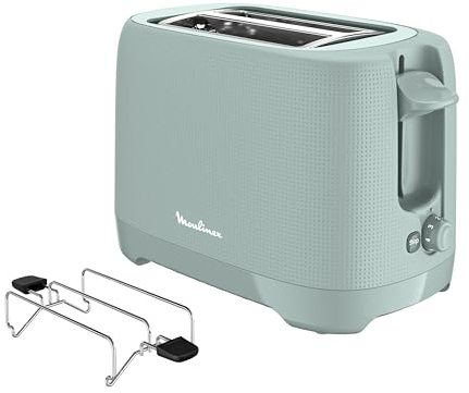 Moulinex Grille-pain 2 fentes, 7 niveaux de dorage, Réchauffe viennoiseries, Fentes extra-larges, Poignée de surélévation, Tiroir ramasse-miettes amovible, Couleur Eucalyptus Morning LT2M1310