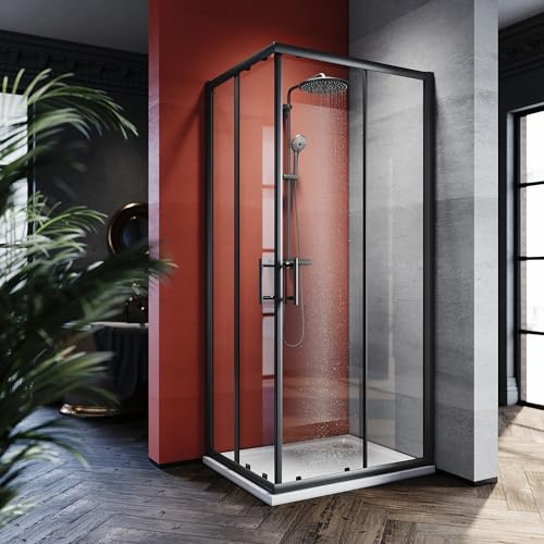SONNI Cabine de douche d'angle - 80 x 90 cm - Noir - Sans receveur de douche - Verre de sécurité - Porte coulissante - Douche d'angle