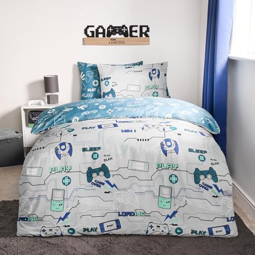 OHS Gaming Bedding Double Bed Set, Reversible Kids Duvet Set Double Print Bedding Boys Girls Gamer Duvet Cover with Pillowcase Ultra Soft Comfy Bed Set, Blue/Grey