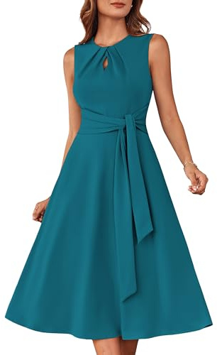 GRACE KARIN Ärmelloses Midikleid für Damen elastisches Rundhalskleid Plissiertes Cut-Out mit Gürteltaschen Baugrün XL