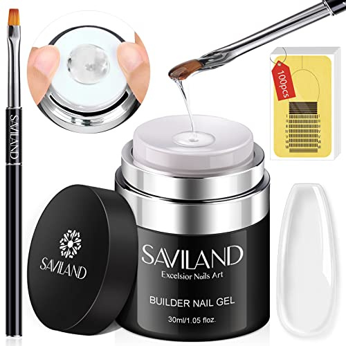 SAVILAND Ricostruzione Unghie Gel Trasparente, 30ML Builder Nail Gel Restauro per Unghie Professionale e Home DIY con 100 Sagome e Pennello, Lunga Durata