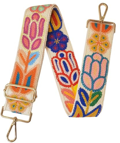 Grtheenumb bred handväskrem, ersättning för handväskor, 5 cm broderi, bred väskrem, 80–140 cm justerbar axelrem, Krämvit, en storlek